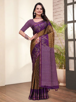 Odette - Brown and Wine Cotton Blend Printed Saree with Unstitched Blouse