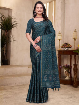 Odette - Deep Teal Cotton Blend Printed Saree with Unstitched Blouse