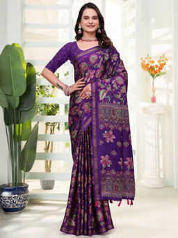 Odette - Deep Purple Cotton Blend Printed Saree with Unstitched Blouse