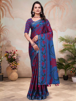 Odette - Light Blue and Red Cotton Blend Printed Saree with Unstitched Blouse