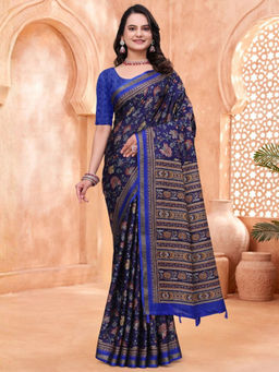 Odette - Blue Cotton Blend Printed Saree with Unstitched Blouse