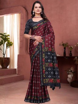 Odette - Maroon Cotton Blend Printed Saree with Unstitched Blouse