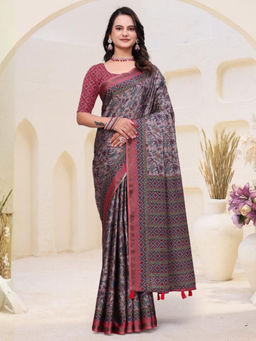 Odette - Mauve Grey Cotton Blend Printed Saree with Unstitched Blouse