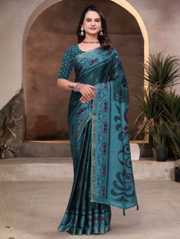 Odette - Deep Green and Blue Cotton Blend Printed Saree with Unstitched Blouse