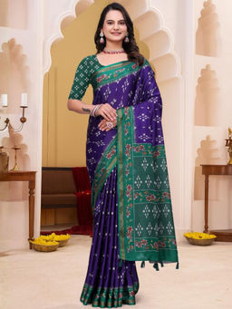 Odette - Violet Cotton Blend Printed Saree with Unstitched Blouse