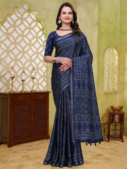 Odette - Navy Blue Cotton Blend Printed Saree with Unstitched Blouse