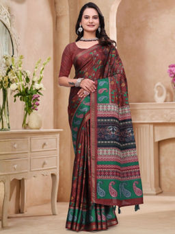 Odette - Brown Cotton Blend Printed Saree with Unstitched Blouse
