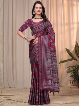 Odette - Dusty Wine Cotton Blend Printed Saree with Unstitched Blouse
