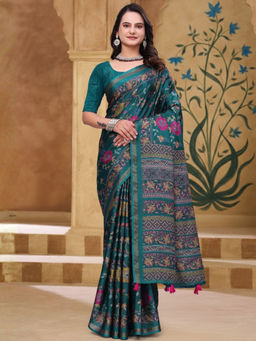 Odette - Deep Green Cotton Blend Printed Saree with Unstitched Blouse