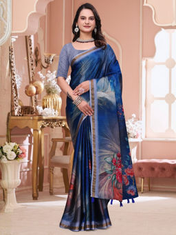 Odette - Dark Blue Cotton Blend Printed Saree with Unstitched Blouse