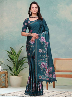 Odette - Dark Green Cotton Blend Printed Saree with Unstitched Blouse