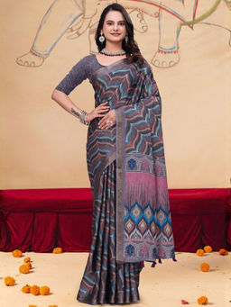 Odette - Grey Cotton Blend Printed Saree with Unstitched Blouse