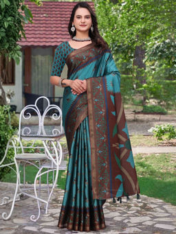 Odette - Teal Green Cotton Blend Printed Saree with Unstitched Blouse