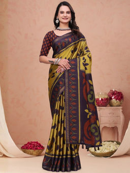 Odette - Golden and Purple Cotton Blend Printed Saree with Unstitched Blouse