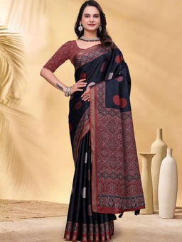 Odette - Black Cotton Blend Printed Saree with Unstitched Blouse