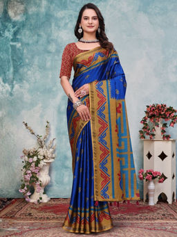 Odette - Blue Cotton Blend Printed Saree with Unstitched Blouse