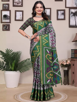 Odette - Off White Cotton Blend Printed Saree with Unstitched Blouse