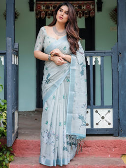 Odette - Light Grey Cotton Linen Printed Saree with Unstitched Blouse