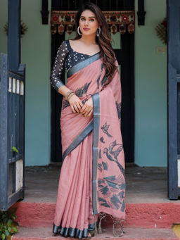 Odette - Dusty Pink Cotton Linen Printed Saree with Unstitched Blouse