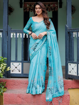 Odette - Sky Blue Cotton Linen Printed Saree with Unstitched Blouse