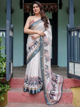 Odette - Off White Cotton Linen Printed Saree with Unstitched Blouse