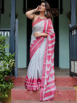 Odette - Light Grey and Pink Cotton Linen Printed Saree with Unstitched Blouse