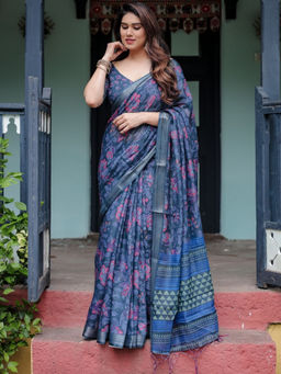 Odette - Navy Blue Cotton Linen Printed Saree with Unstitched Blouse