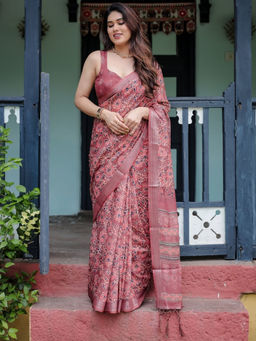 Odette - Dusty Mauve Cotton Linen Printed Saree with Unstitched Blouse