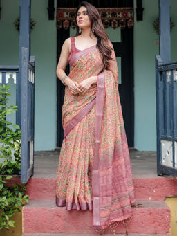 Odette - Peach Cotton Linen Printed Saree with Unstitched Blouse