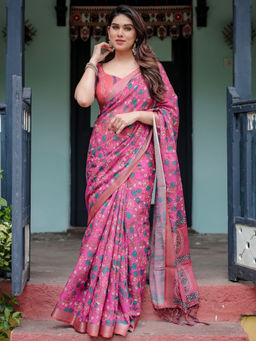 Odette - Pink Cotton Linen Printed Saree with Unstitched Blouse