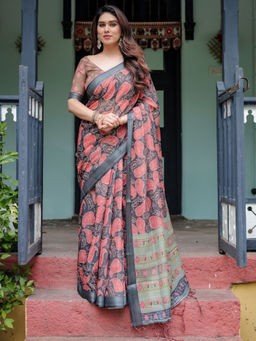 Odette - Black and Red Cotton Linen Printed Saree with Unstitched Blouse