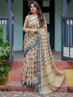 Odette - Beige Cotton Linen Printed Saree with Unstitched Blouse