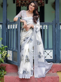 Odette - White Cotton Linen Printed Saree with Unstitched Blouse
