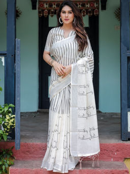 Odette - White Cotton Linen Striped Saree with Unstitched Blouse