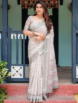 Odette - Silver Grey Cotton Linen Printed Saree with Unstitched Blouse