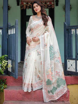 Odette - White Cotton Linen Printed Saree with Unstitched Blouse