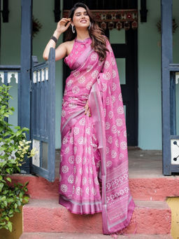 Odette - Pink Cotton Linen Printed Saree with Unstitched Blouse