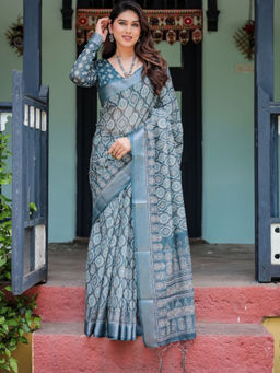 Odette - Teal Blue Cotton Linen Printed Saree with Unstitched Blouse