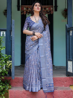 Odette - Dusty Lavender Cotton Linen Printed Saree with Unstitched Blouse