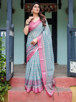 Odette - Sky Blue and Pink Cotton Linen Printed Saree with Unstitched Blouse
