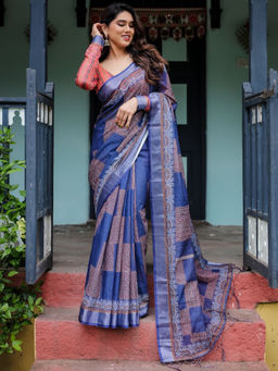 Odette - Dark Blue Cotton Linen Printed Saree with Unstitched Blouse