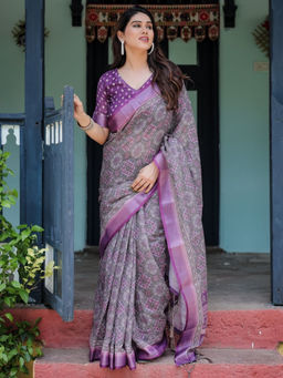 Odette - Light Purple and Black Cotton Linen Printed Saree with Unstitched Blouse