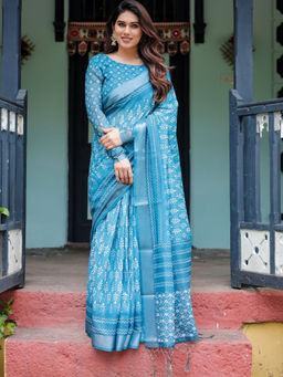 Odette - Sky Blue Cotton Linen Printed Saree with Unstitched Blouse
