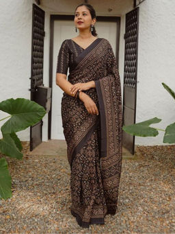 Odette - Black Cotton Linen Printed Saree with Unstitched Blouse