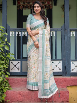 Odette - Off White Cotton Linen Printed Saree with Unstitched Blouse