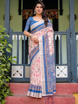 Odette - Cream Cotton Linen Printed Saree with Unstitched Blouse