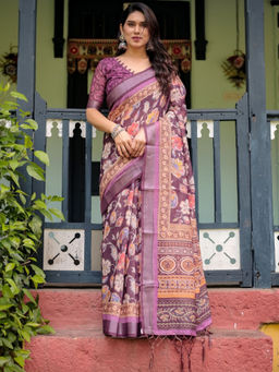Odette - Mauve Cotton Linen Printed Saree with Unstitched Blouse
