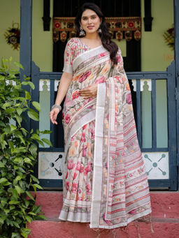 Odette - Multi Colour Cotton Linen Printed Saree with Unstitched Blouse