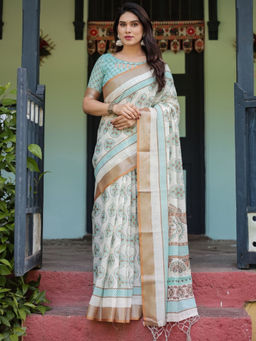 Odette - Off White Cotton Linen Printed Saree with Unstitched Blouse