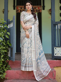 Odette - Off White Cotton Linen Printed Saree with Unstitched Blouse
